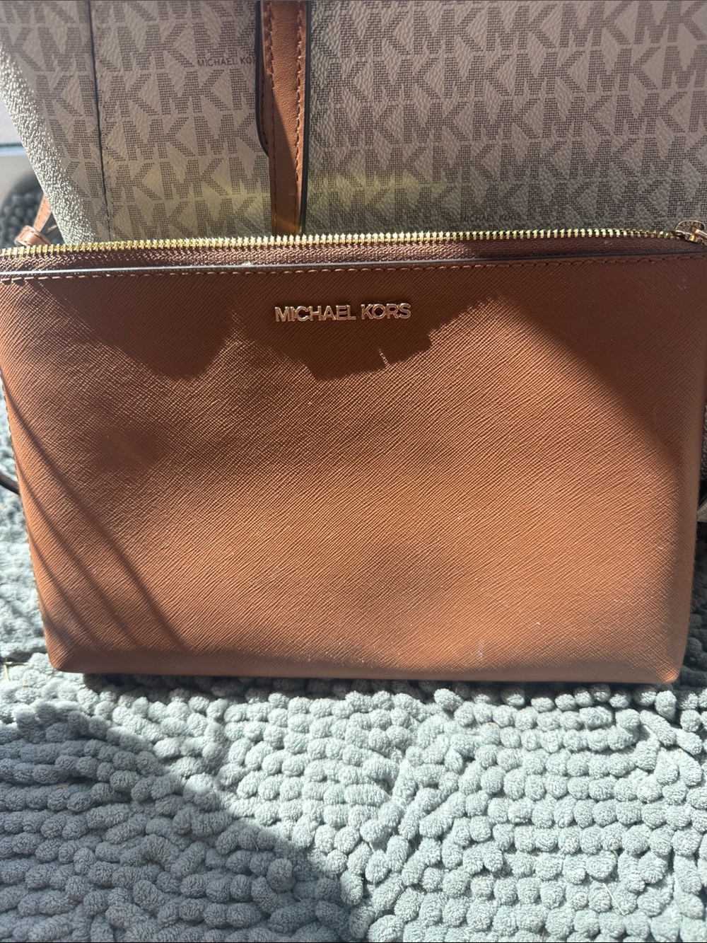 Michael Kors Beige Signature MK Tote with Brown Leather Trim - Picture 11 of 13